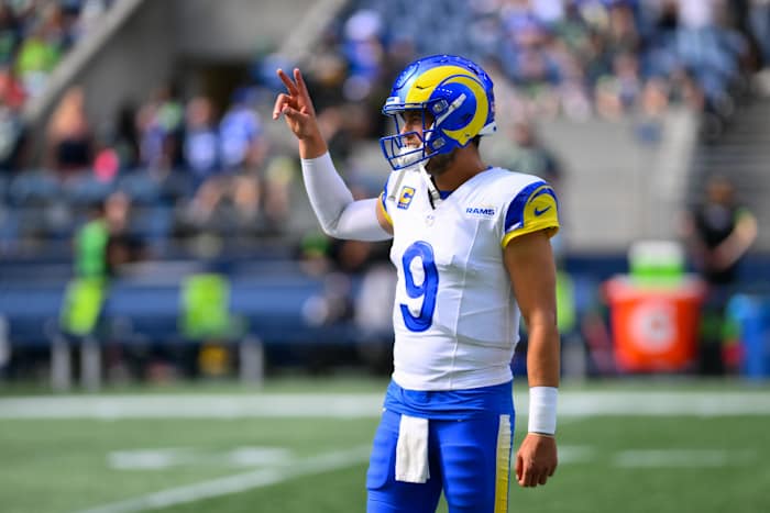 Los Angeles Rams quarterback Matthew Stafford models the teams white jerseys. 